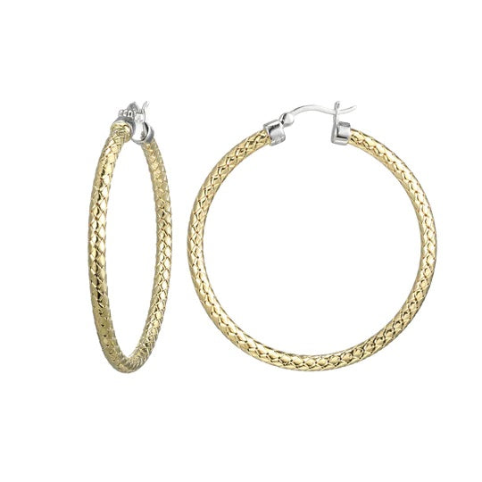 Sterling Silver 3MM Mesh 45MM Hoop Earring 2 Tone, Yellow Gold and Rhodium Finish