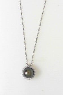 Ladies 14 Karat White Gold Necklace With Round 6MM Black Pearl And 0.06Tw Round G/H Si2 Diamonds 16