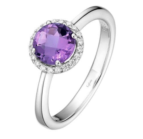 February Birthstone Ring Sterling Silver Rhodium Plated 1.05 TW with Simulated Stone and a Lassaire Stone Halo Size 7