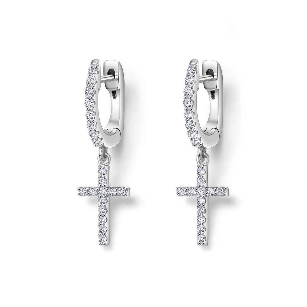 Sterling Silver Rhodium Plated Mini Dangling Cross Earrings Lassaire Stone 0.4 TCW