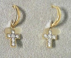 Ladies 14 Karat Yellow Gold Diamond Cross Dangle Earrings With = 0.25Tw Round H/I Si2 Diamonds