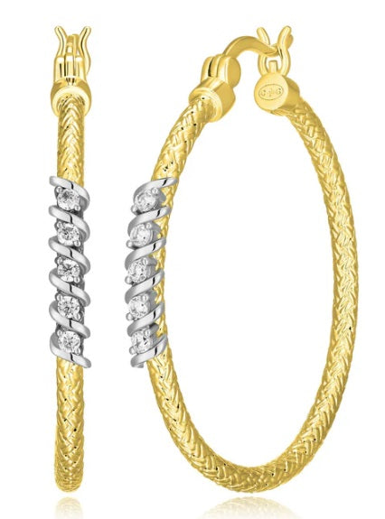 Flourish Mesh Hoop Earrings, CZ, 18K Yellow Gold and Rhodium Finish 35mm