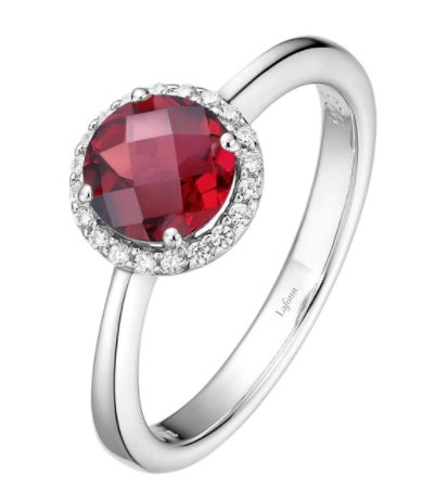 January Birthstone Ring Sterling Silver Rhodium Plated 1.05 TW with Simulated Stone and a Lassaire Stone Halo Size 7