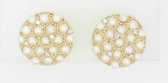 Ladies 14 Karat Yellow Gold Pearl Disc Studs With = 40 -  3.00mm Round Pearls And = 0.08Tw Round G/H SI2 Diamonds