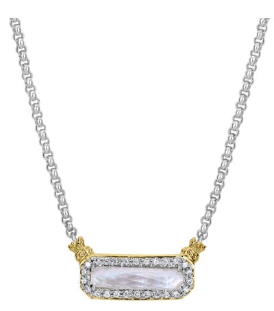 Ladies 14 Karat Yellow Gold And Sterling Silver Diamond Octagon Mother of Pearl 16.3x3.7 Necklace With  G/H Si2 Diamonds And 0.20Tw Round G/H Si2 Diamonds With 18