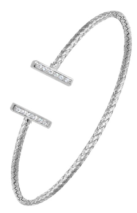 Sterling Silver 2mm Mesh Cuff with CZ, Rhodium Finish