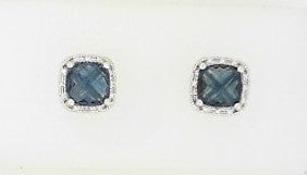 Ladies 14 Karat White Gold Halo Set Studs With = 2.75Tw Square Cushion  Blue Topaz And = 0.08Tw Round G/H SI2 Diamonds