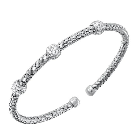 Sterling Silver 4mm Mesh Cuff with CZ