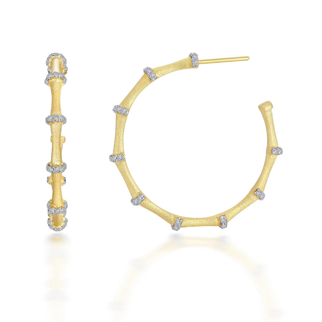 Sterling Silver Gold Plated Elegant Bamboo Hoop Earrings 0.90 CTW Lassaire Stones