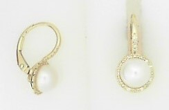 Ladies 14 Karat Yellow Gold Hinge Hoop Halo Earrings With = 7.00Mm Round Pearls And = 0.10Tw Round G/H Si2 Diamonds