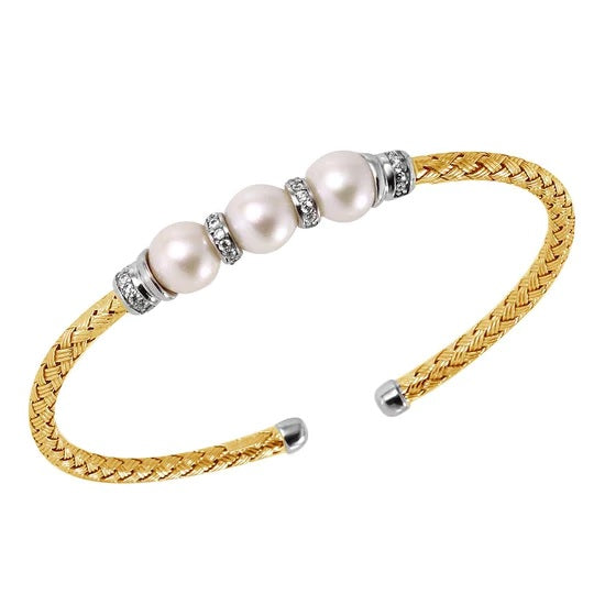 Sterling Silver 3mm Mesh Cuff with Freshwater Pearl and CZ