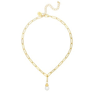 Genuine Freshwater Pearl Drop On Paperclip Chain Necklace / Triple Plated 24K Gold/ 16 Inches + 3 Inch Extender