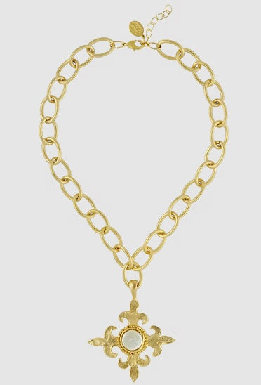 Handcast Gold Fleur Cross With Coin/Pearl - 16 Inches With 3 Inch Extender