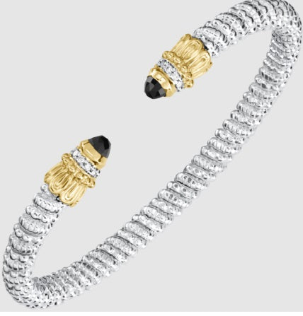 Ladies 14 Karat Yellow Gold And Sterling Silver Diamond Open End Bracelet 4MM With 0.08Tw Round G/H Si2 Diamonds and Black Onyx Ends