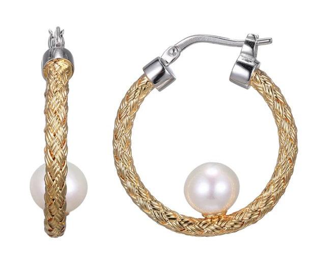Sterling Silver Mesh Earrings (25X3mm) With Freshwater Pearls (Size 9.5-10Mm), Snap Bar, Rhodium And Yellow Gold Finish