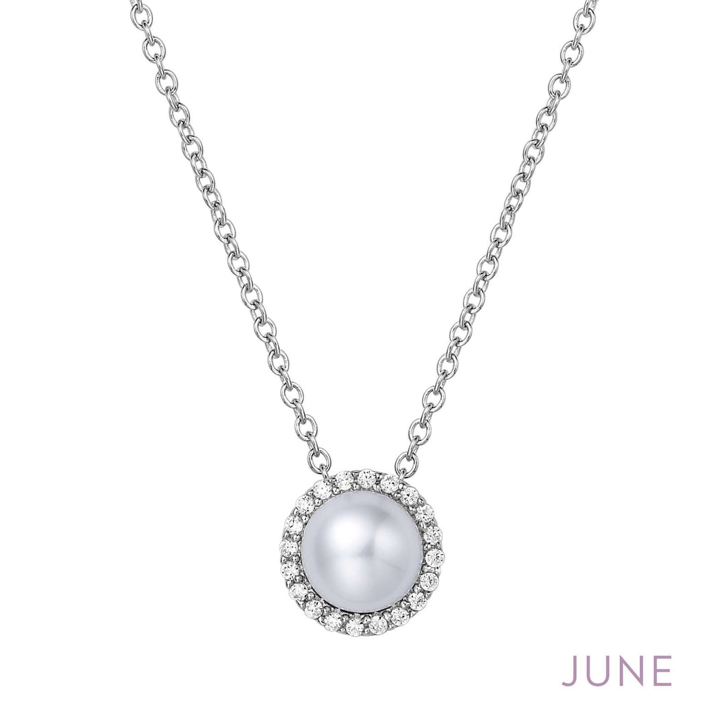 Sterling Silver Rhodium Plated June Pearl Birthstone Necklace with Lassaire Stones 18