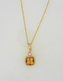 Ladies 14 Karat Yellow Gold Fashion Pendant With 0.90Tw Square Cushion Citrine And 0.02Tw Round H/I Si2 Diamonds With 18