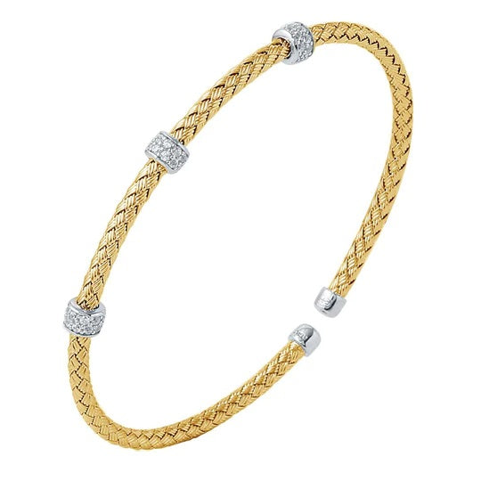 Sterling Silver 3mm Mesh Cuff with CZ, 2 Tone, 18K Yellow Gold and Rhodium Finish