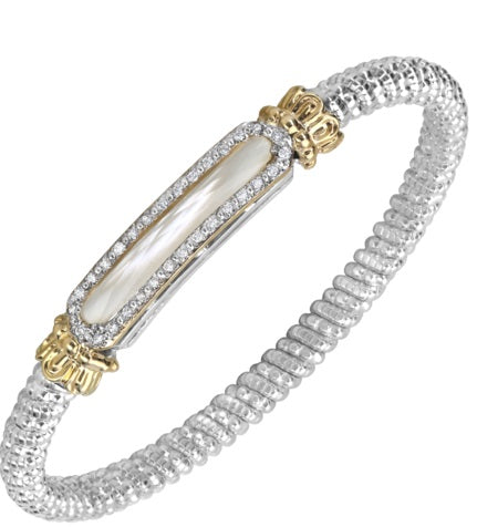 Ladies 14K Gold And Sterling Silver Closed Band Bracelet 4MM  With Mother Of Pearl And .23 Pts Si2 G To H In Color Of Diamonds