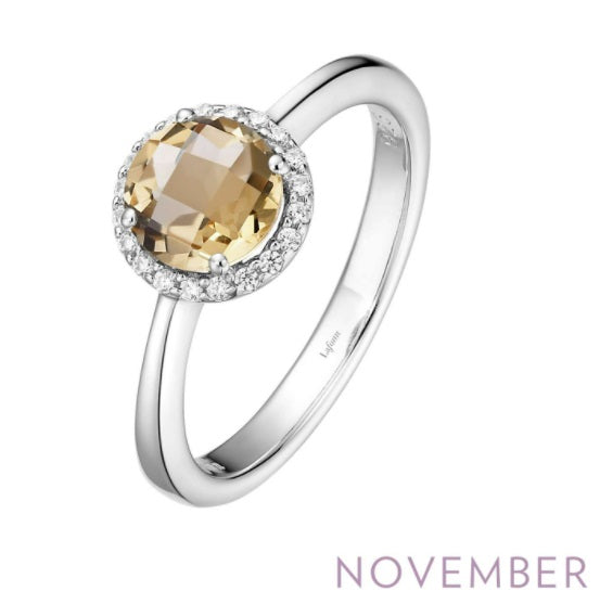 November Birthstone Ring Sterling Silver Rhodium Plated 1.05 TW with Simulated Stone and a Lassaire Stone Halo Size 7