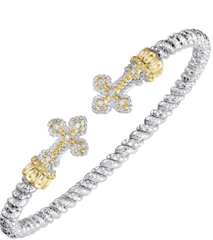 Ladies 14 Karat Yellow Gold And Sterling Silver Open Cross 3MM Bracelet with SI2 G to H in Color  0.0.75 Pts. of Diamonds