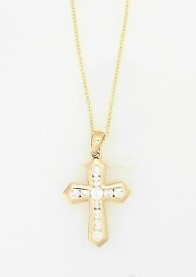 Ladies 14 Karat Yellow Gold Cross Pendant With = 0.31Tw Round G/H SI2 Diamonds With 16