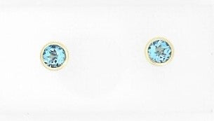 Ladies 14 Karat Yellow Gold Bezel Set Studs With = 1.25Tw Round Blue Topaz