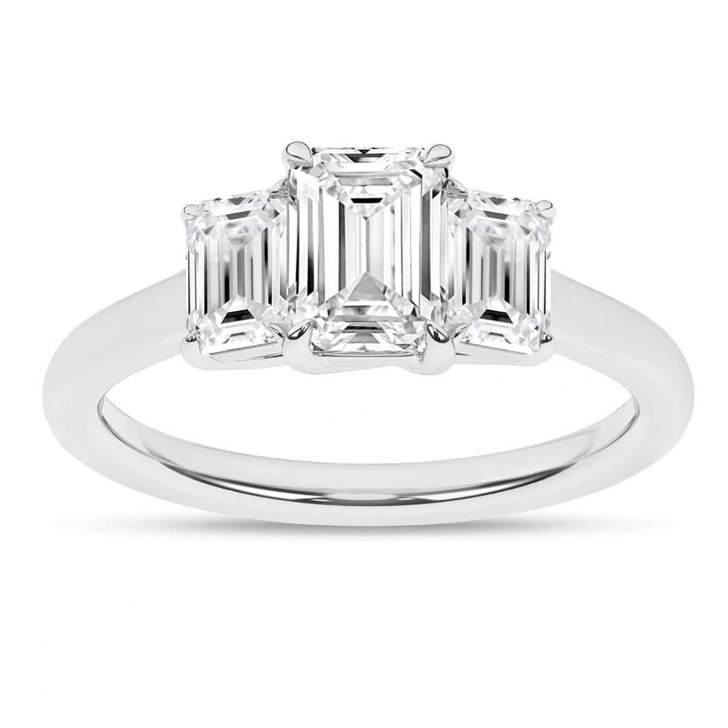 Ladies 14 Karat White Gold Diamond Three Stone Ring With 2.00Tw Emerald G/H VS2 Diamonds Size 7 IGI Certification # 21J642142403