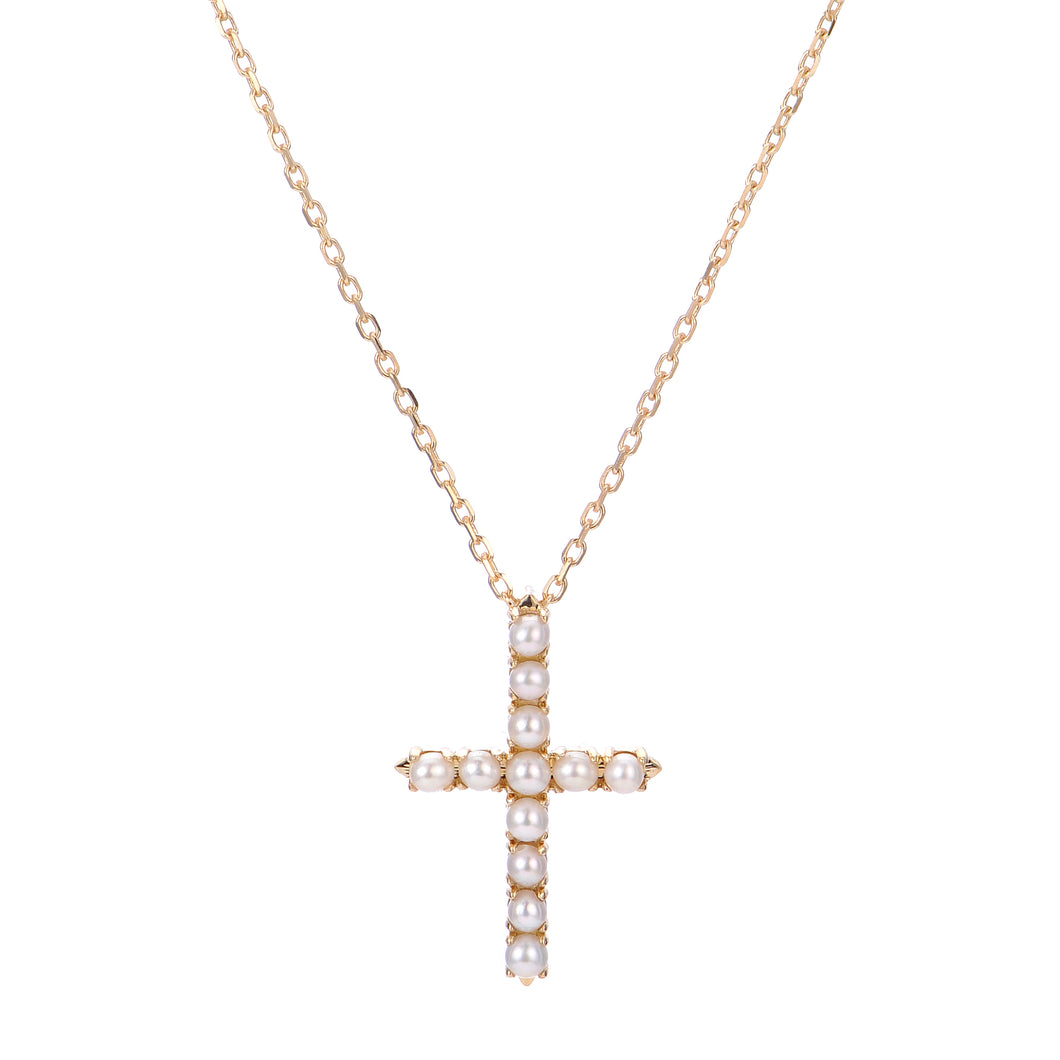 Ladies 14 Karat Yellow Gold Freshwater Cultured Seed Pearl Cross 16