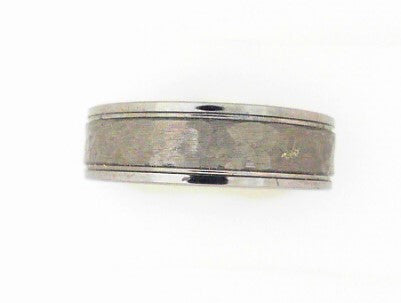 7mm Flat Brushed  Hammered Tungsten Band With Polished & Grooved Edges Size 10