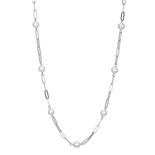 Sterling Silver Station Necklace made with Paperclip Chain and 7 Pieces Freshwater Pearls