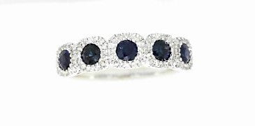 Ladies 14 Karat White Gold Square Halo Band With = .69Tw Sapphires And = 0.25Tw Round H/I Si2 Diamonds Size 7.5
