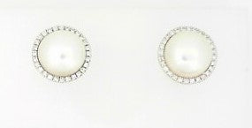 Ladies 14 Karat White Gold Halo Studs With = 9.00MM Mabe' Pearls And = 0.17Tw Round G/H SI2 Diamonds