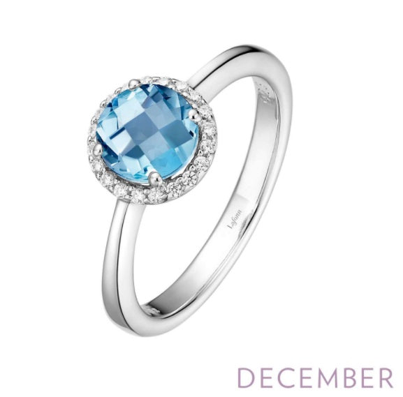 December Birthstone Ring Sterling Silver Rhodium Plated 1.05 TW with Simulated Stone and a Lassaire Stone Halo Size 7