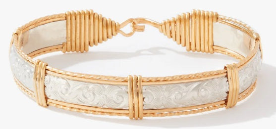 Angelina Bracelet- Sterling Silver Bar with 14K Gold Artist Wire- Size 8.0