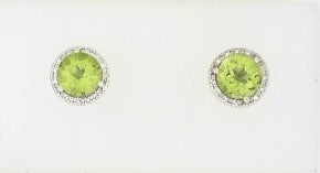 Ladies 14 Karat White Gold Halo Studs With = 2.00Tw Round Peridot And = 0.08Tw Round G/H SI2 Diamonds