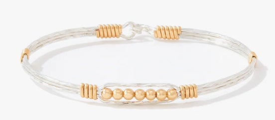 Power Of Prayer Bracelet- Mirrored Sterling Silver with 14K Gold Artist Wire Wraps and Beads- Size 8.0