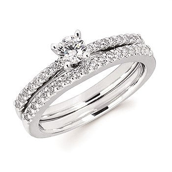 Ladies 14 Karat White Gold Wedding Set - Engagement Center Stone 0.26Tw Round H/I I1 Diamonds, With 0.17Tw Round H/I I1 Diamonds - Wedding Band  0.15 Twt Diamonds = .58 pts TCW - Size: 6.5