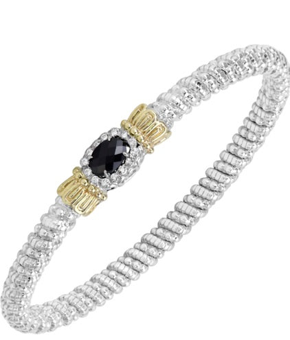 Ladies 14K Gold And Sterling Silver Closed End Bracelet 4MM  With Black Onyx And 0.11 Pts Si2 G To H In Color Of Diamonds