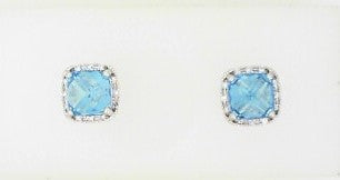 Ladies 14 Karat White Gold Halo Set Studs With = 2.75Tw Square Cushion Blue Topaz And = 0.08Tw Round G/H SI2 Diamonds