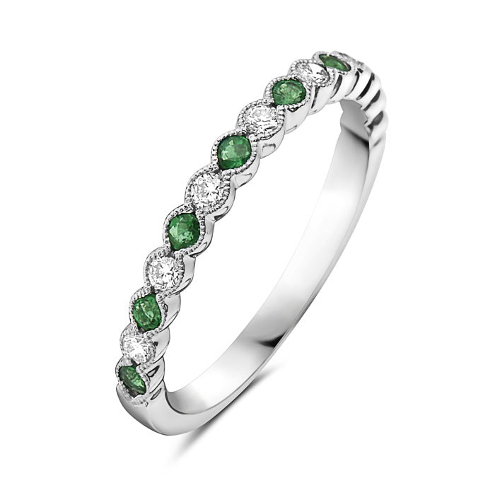 Ladies 14 Karat White Gold All Colored Jewerly Band With 0.16Tw Round Emeralds And 0.19Tw Round G/H Si2 Diamonds Size 6.5