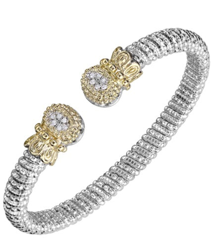 Ladies 14 Karat Gold And Sterling Silver Diamond  Open End Bangle Bracelet 6MM  With 0.09Tw Round G/H Si2 Diamonds