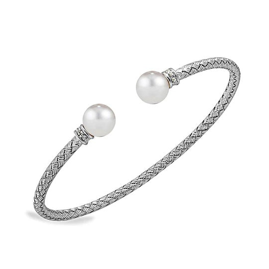 Sterling Silver 3mm Mesh Cuff with Freshwater Pearl and CZ