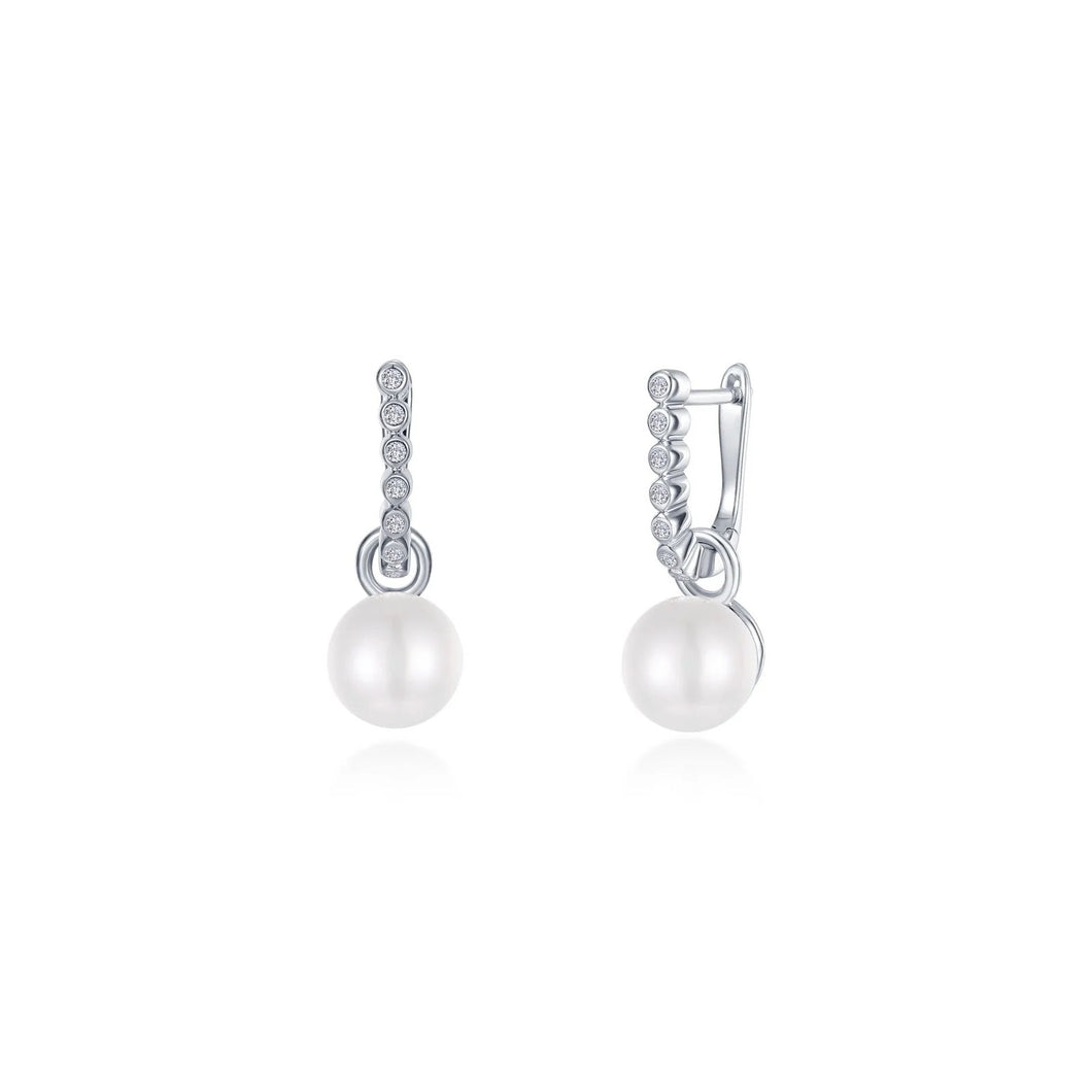Sterling Silver Rhodium Plated Cultured Freshwater Pearl Charm Huggie Earrings 0.14 CTW Lassaire Stones
