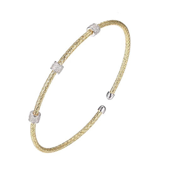 Sterling Silver 2mm Mesh Cuff with CZ, 2 Tone, 18K Yellow Gold and Rhodium Finish