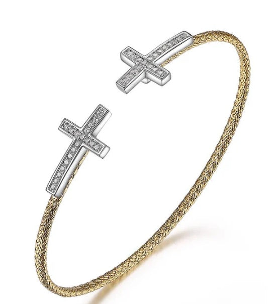 Sterling Silver 2mm Mesh Cuff with CZ, 2 Tone, 18K Yellow Gold and Rhodium Finish