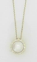 Ladies 14 Karat Yellow Gold Pearl Halo Necklace With = 7 MM Round Pearl And = 0.05Tw Round G/H SI2 Diamonds with 16 