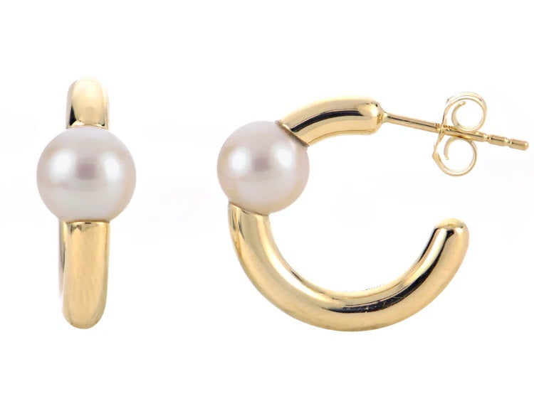 Ladies 14 Karat Yellow Gold 6.5-7mm AA Freshwater Cultured Pearl Hollow Hoop Earrings