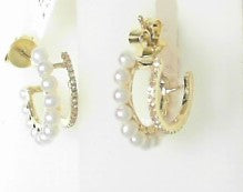 Ladies 14 Karat Yellow Gold Huggie Earrings With Round White 24 Seed  Pearls And 0.15Tw Round G/H Si2 Diamonds