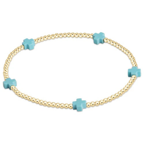 Signature Cross Small Gold Pattern 2mm Bead Bracelet- Turquoise